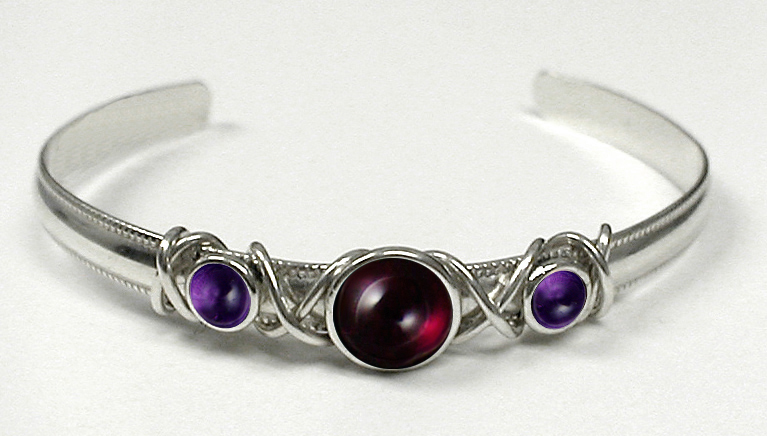 Sterling Silver Hand Made Cuff Bracelet With Garnet And Amethyst